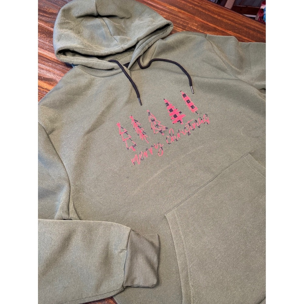 Avenue 1975‎ New York XL Olive Green Merry Christmas Tree Hoodie Sweatshirt